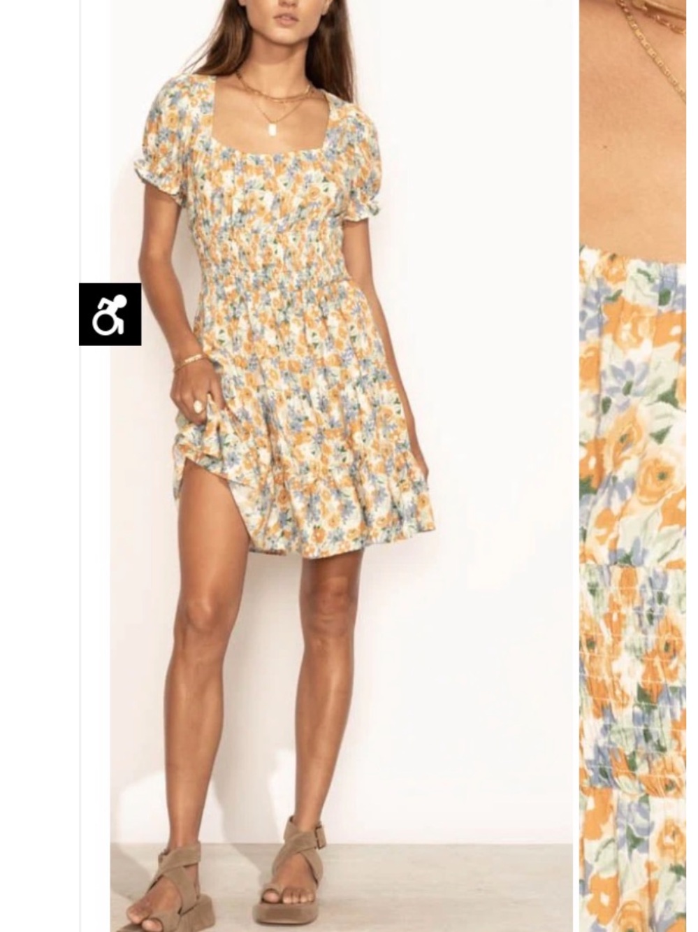 Smocked Square Neck Yellow Floral Mini Dress